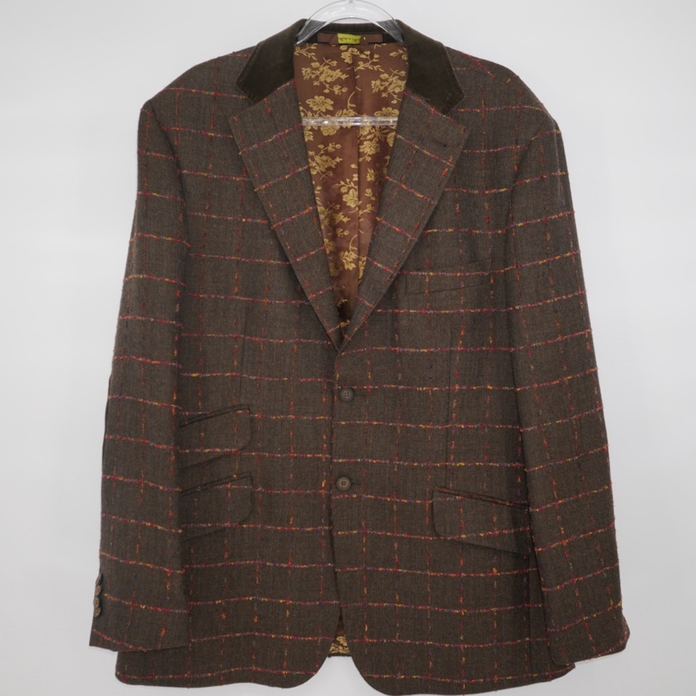 TED BAKER Brown Fuchsia Window Pane 100% Wool Sport Coat Velvet Elbow Collar 46R